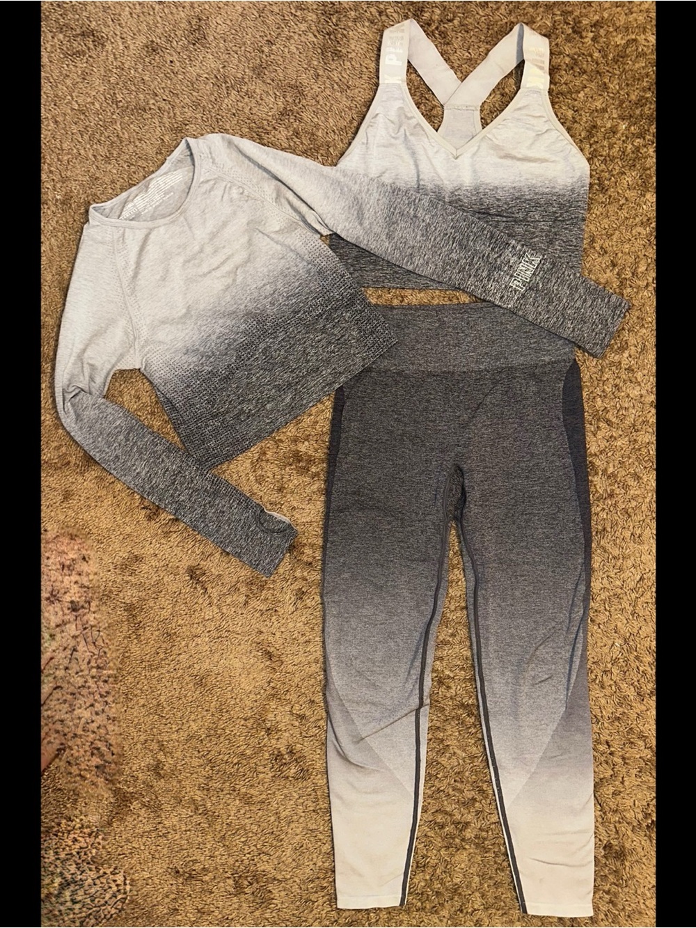 PINK Victoria's Secret Seamless Grey Ombré S Heart Leggings M Top L Bra SET EUC